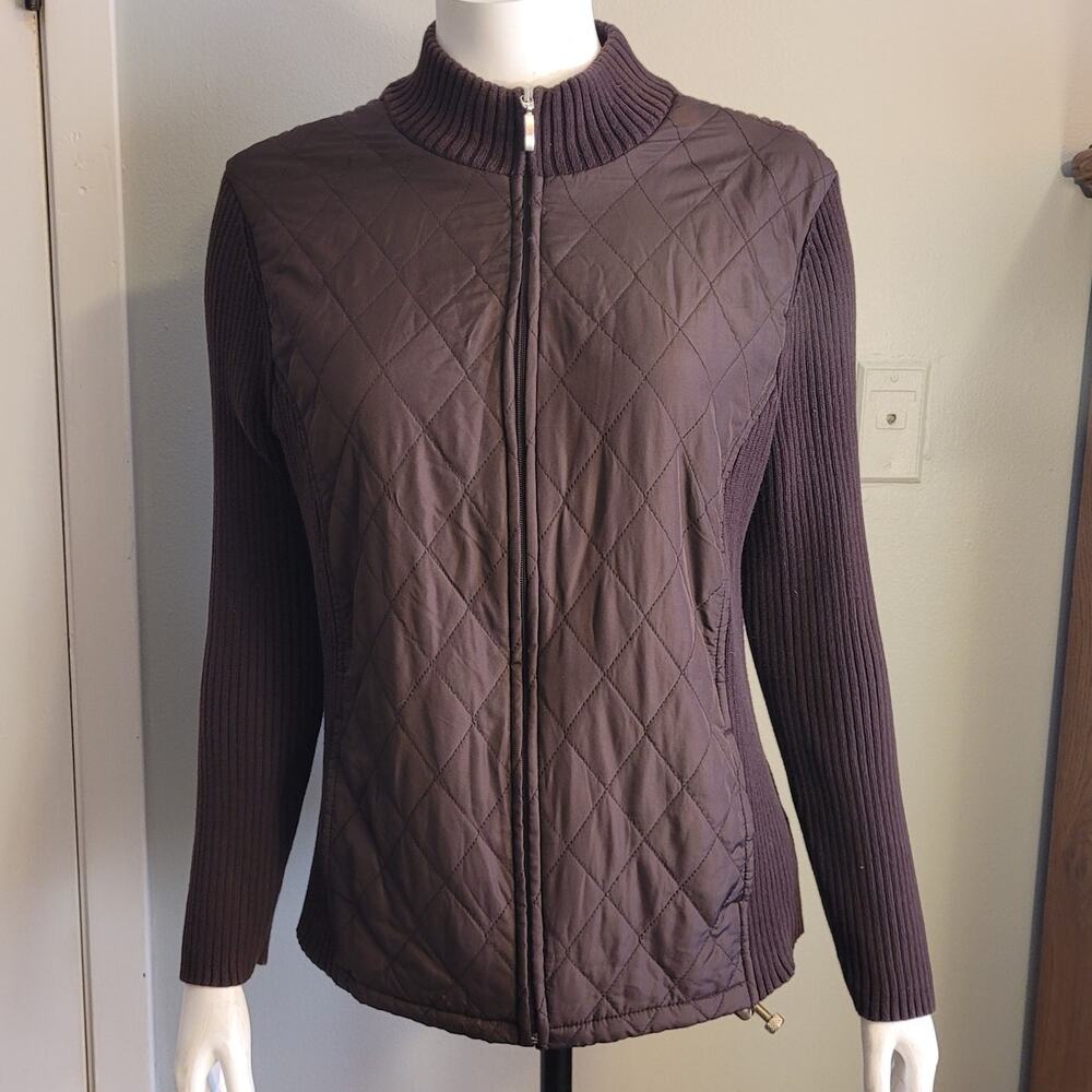 Croft Barrow Quilted Jacket Knit Hybrid Brown Zip Up Lightweight Coatigan